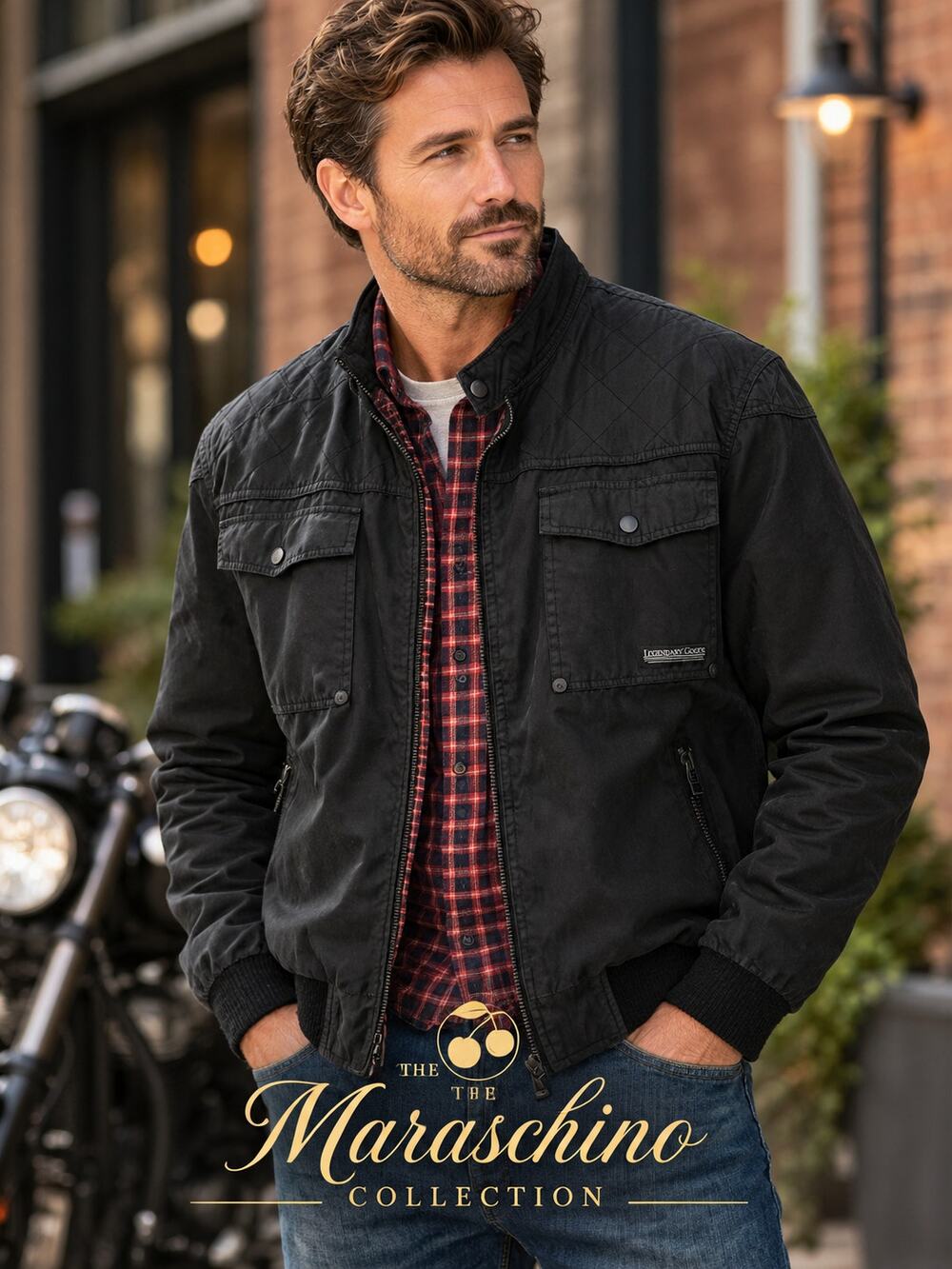 Legendary Goods Black Moto Jacket Men’s L Quilted Cafe Racer Plaid Lined